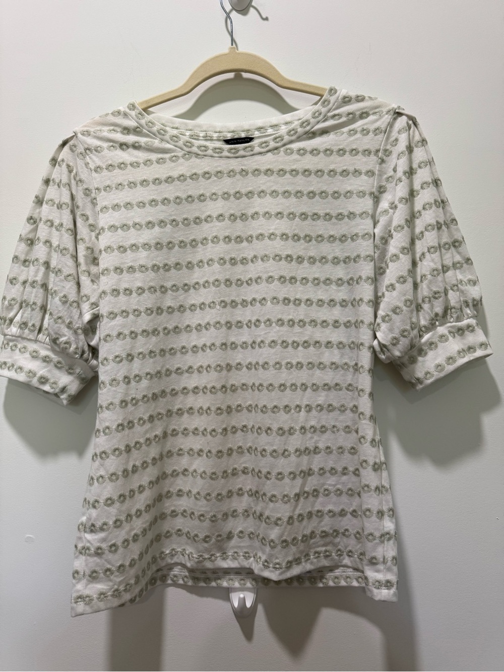 Ann Taylor Cream Top with Light Green Stripe Motif | Very Good Condition